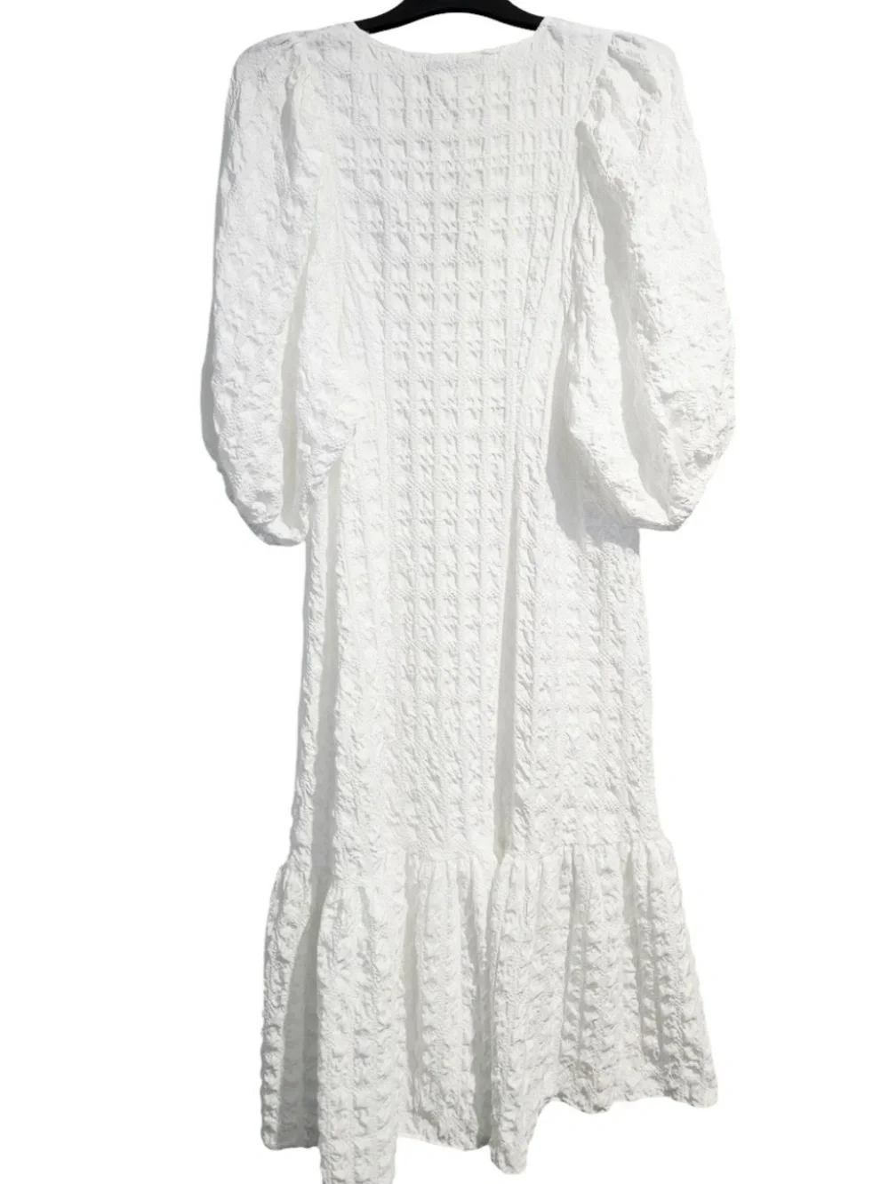 ZARA White Textured Balloon Puff Sleeve Button Down Midi Dress Large